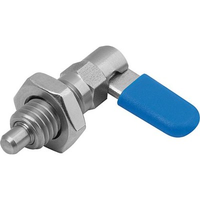 KIPP - SPERRRIEGEL MIT ANSCHLAG, LINKS, D=8, M16, FORM:D M. GEW.HÜLSE/MUTTER/KAPPE, EDELSTAHL BLANK, KOMP:POLYPROPYLEN BLAU