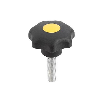 KIPP - STERNGRIFF ÄHNLICH DIN6336 D=M05X40, D1=25, FORM:L, THERMOPLAST SCHWARZ, KOMP:STAHL BLAU-PASSIVIERT, DECKEL:GELB