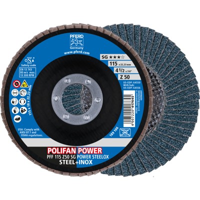 PFERD - POLIFAN POWER Fächerscheibe PFF 115x22,23 mm flach Z50 Leistungslinie SG STEELOX für Stahl/Edelstahl