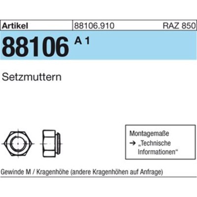 NOBRAND - Setzmuttern ART 88106 M 10 / 1,9 Stahl gehärtet, galv. verzinkt gal Zn S