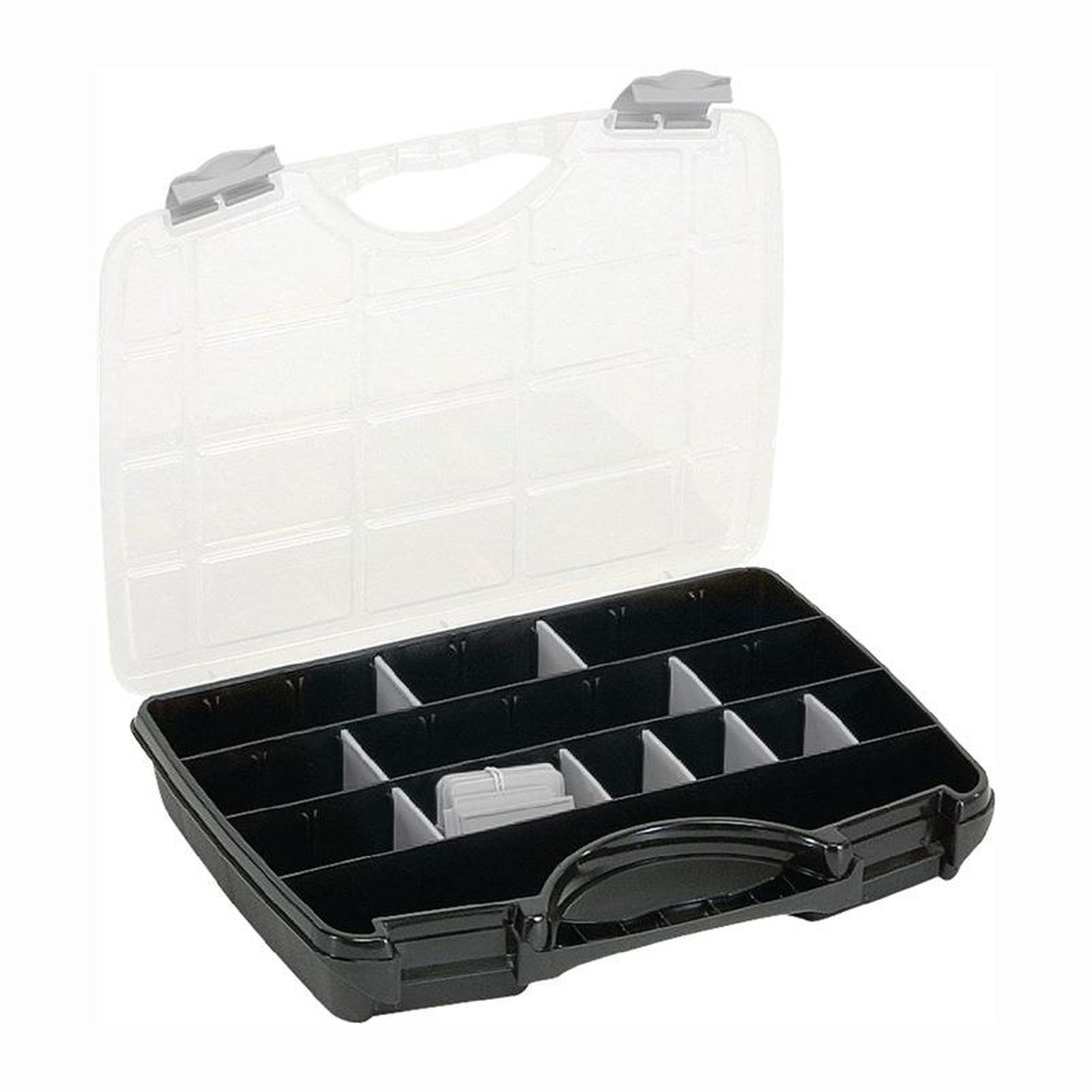 raaco Sortimentskasten B 388 x T 290 x H 61 mm 25 Fächer 21 lose Trennwände transparent / schwarz - 715362