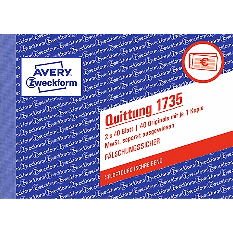 Avery Zweckform Quittungsblock 1735-5, A6 quer, 2 x 40 Blatt, 4er Pack + 1 gratis