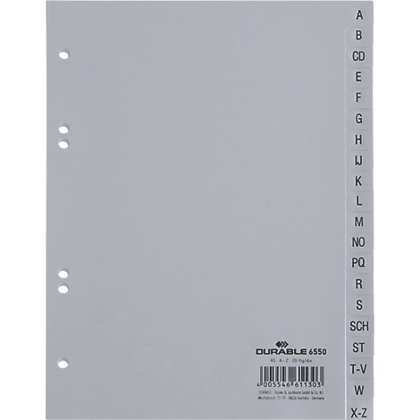 Durable Kunststoffregister, DIN A5 hoch, Buchstaben A-Z (20 Fächer), grau