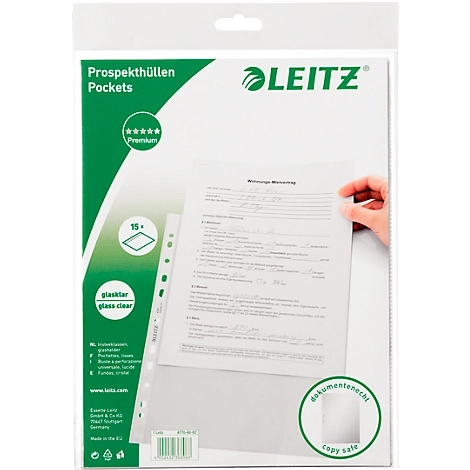 LEITZ Prospekthülle 4770, DIN A4, oben offen, 15 Stück, glasklar, transparent