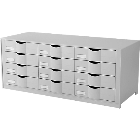 Schubladenbox Paperflow, Format A4, 12 Schübe mit geschlossener Front, Griffmulde & Etikettenhalter, Etiketten, B 857 x T 342 x H 350 mm, PS, grau