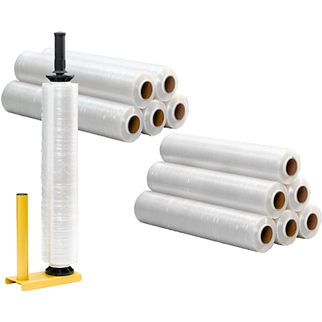 Sparset Handabroller für Stretchfolie + 12 Rollen Stretchfolie, Abroller für Rollen mit B 450-500 mm, Stahl, Stretchfolie L 300 m x B 500 mm, PE